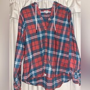 LL Bean Coral and Blue Plaid Button-Up Plaid Cotton Hooded Shirt Medium